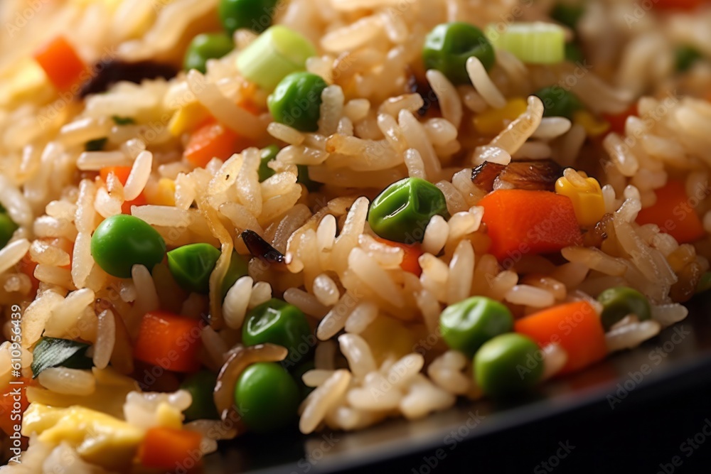 Detailed close-up photography of a delicious fried rice on a ceramic tile against a white background. With generative AI technology Detailed close-up photography of a delicious fried rice on a ceramic tile against a white background. With generative AI technology