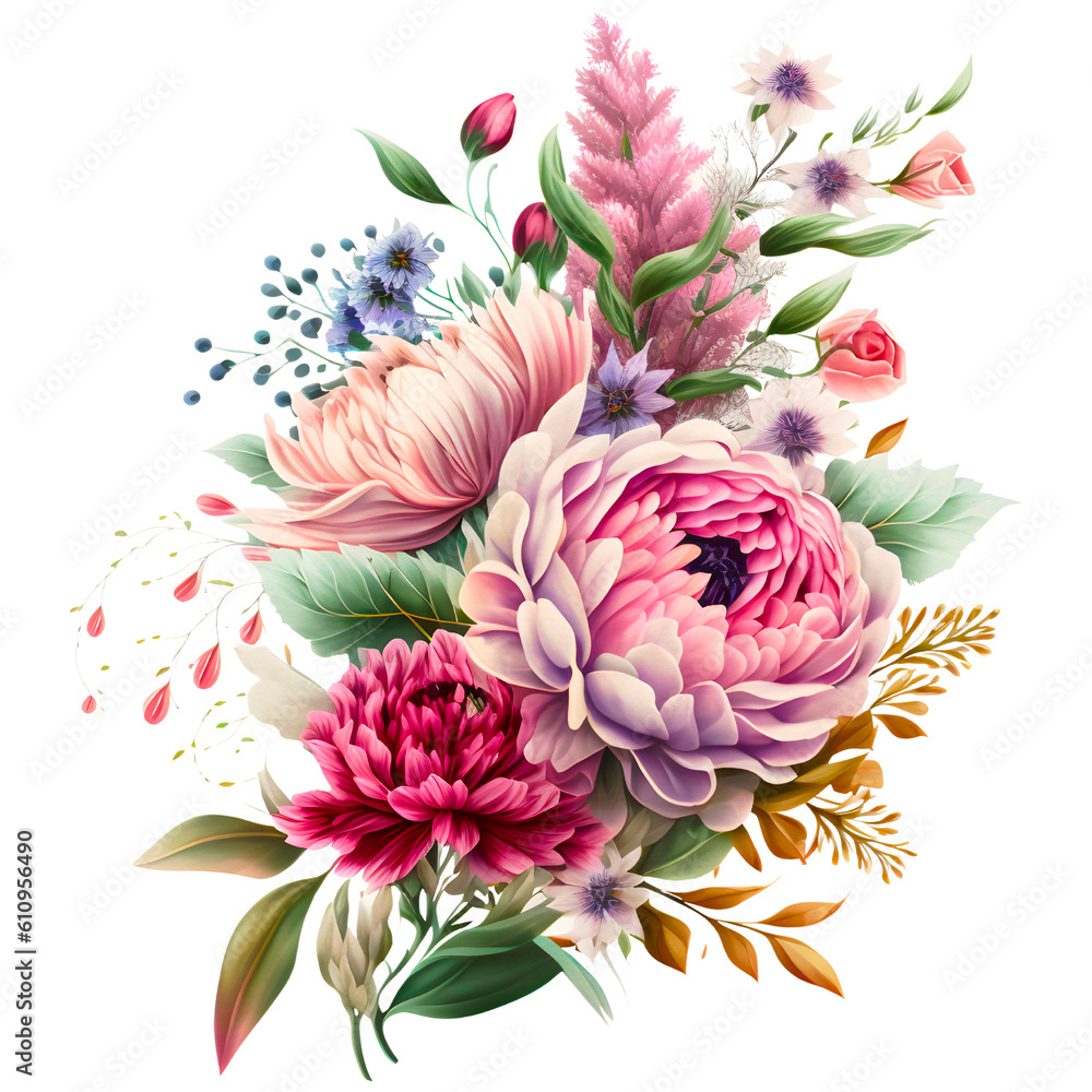 Pink flower bouquet watercolor clipart, isolated, transparent background, created with Generative AI technology