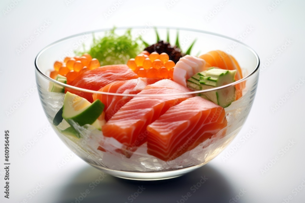 Natural light close-up photography of an exquisite sushi in a glass bowl against a white background. With generative AI technology Natural light close-up photography of an exquisite sushi in a glass bowl against a white background. With generative AI technology