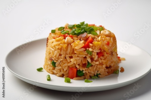 Detailed close-up photography of a delicious fried rice on a ceramic tile against a white background. With generative AI technology