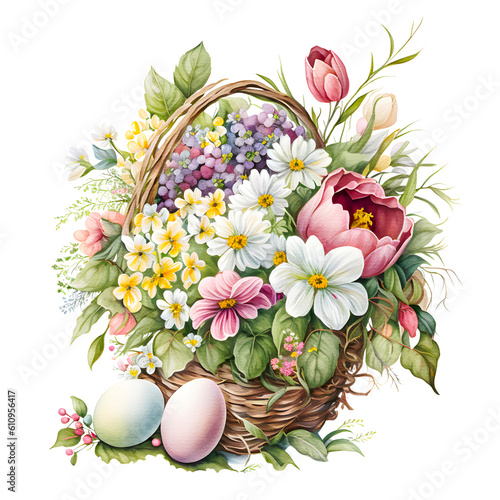 Floral easter basket watercolor clipart  isolated  transparent background  created with Generative AI technology
