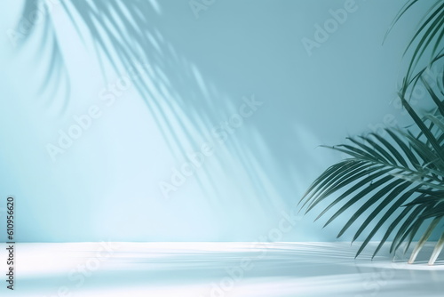 Blurred shadow from palm leaves on the light blue wall. Minimal abstract background for product presentation. Spring and summer, Generative AI