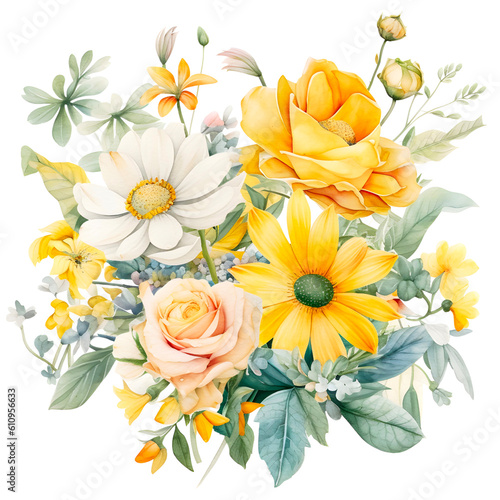 Yellow flower bouquet watercolor clipart, isolated, transparent background, created with Generative AI technology