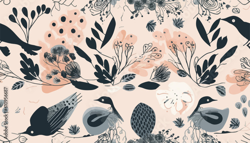 Hand drawn abstract birds and flowers pattern. Collage contemporary print. Fashionable template for design. Ethnic style