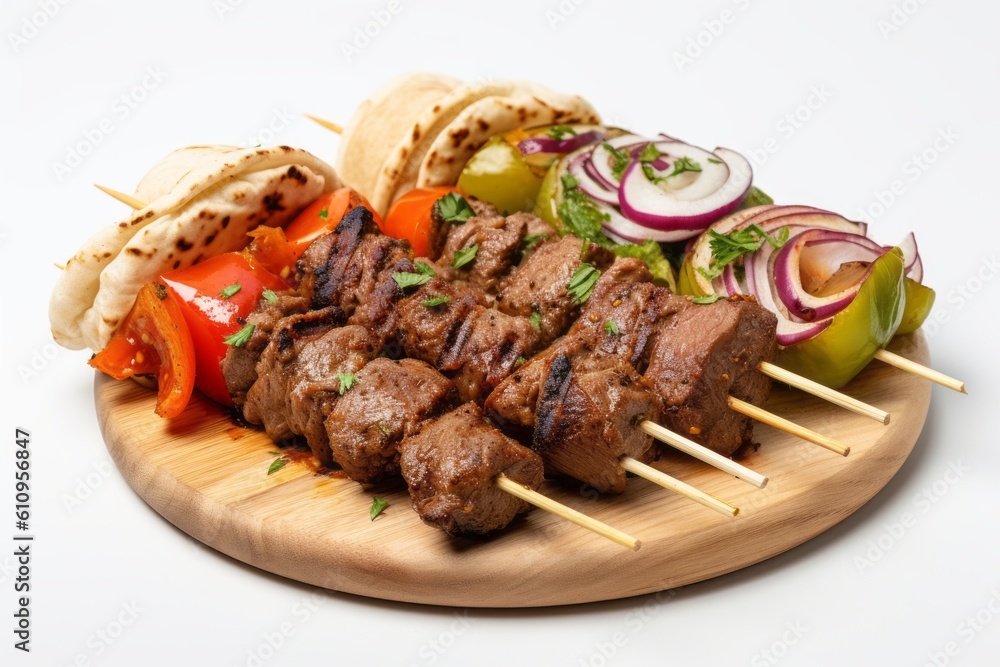 Highly detailed close-up photography of an exquisite kebab on a rustic plate against a white background. With generative AI technology