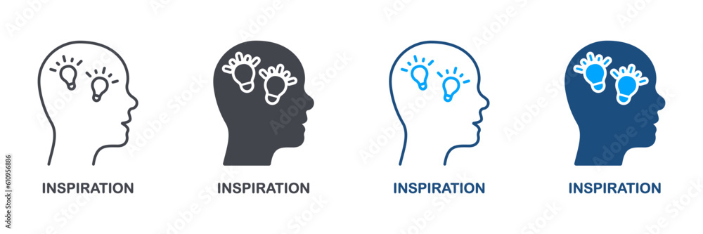 Inspiration, Brainstorming, Creative Thinking Silhouette and Line Icon Set. Innovation Idea. Lightbulb in Human Head Pictogram. Intellectual Mind Symbol Collection. Isolated Vector Illustration
