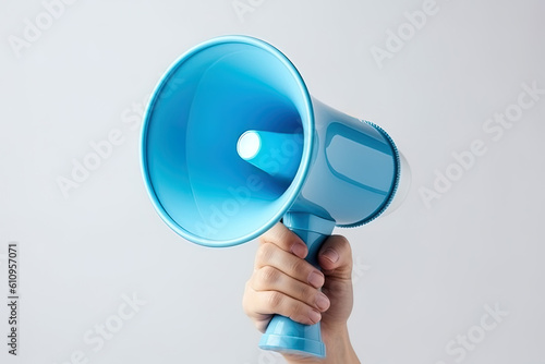 The hand holds a blue megaphone on white background. Announcement concept. Shout It Out
