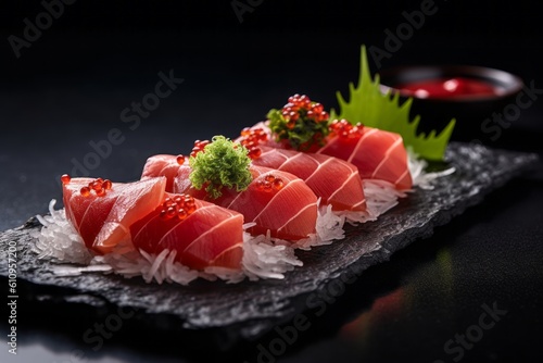 Macro detail close-up photography of an exquisite sashimi on a rustic plate against a white background. With generative AI technology