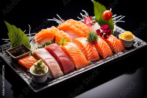 Conceptual close-up photography of an exquisite sashimi on a metal tray against a white background. With generative AI technology