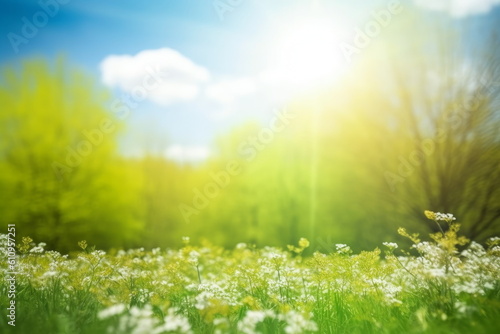 Beautiful blurred spring background nature with blooming glade  trees and blue sky on a sunny day  Generative AI