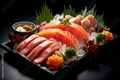 Conceptual close-up photography of an exquisite sashimi on a metal tray against a white background. With generative AI technology