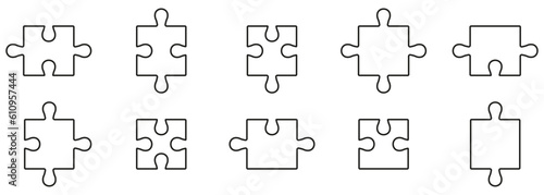 Jigsaw Parts Matching, Puzzle Pieces Fit Line Icon Set. Business Strategy, Teamwork, Brainstorming Outline Sign. Complete Game Solution Linear Pictogram. Editable Stroke. Isolated Vector Illustration