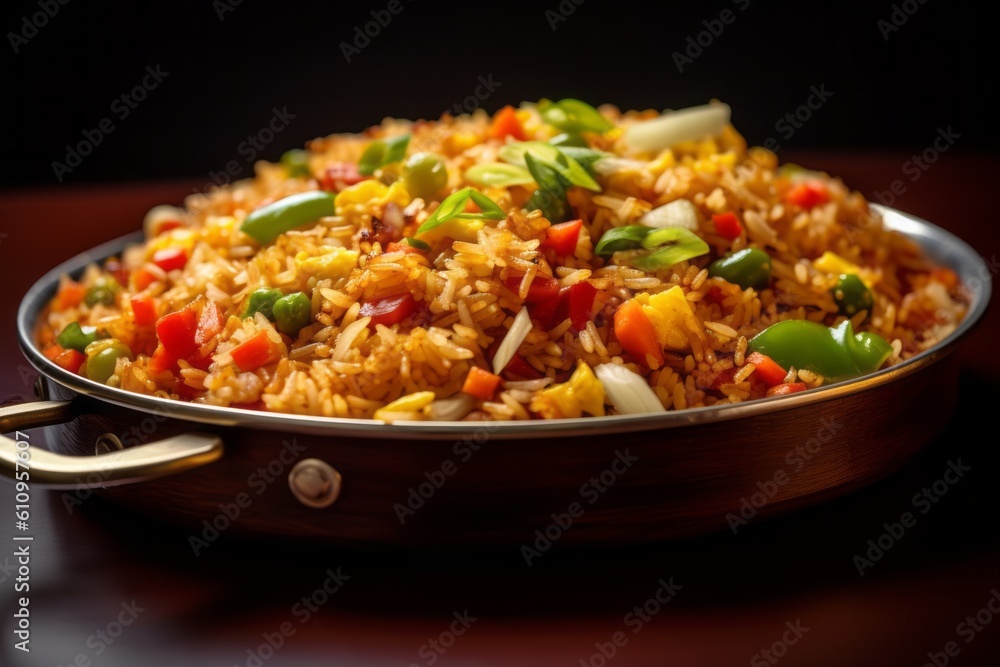 Macro view photography of a tasty fried rice on a metal tray against a minimalist or empty room background. With generative AI technology Macro view photography of a tasty fried rice on a metal tray against a minimalist or empty room background. With generative AI technology