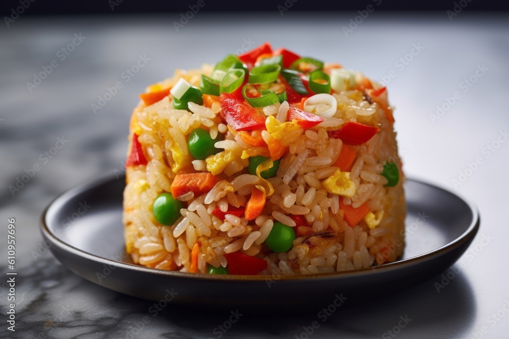 Close-up view photography of a tempting fried rice on a marble slab against a minimalist or empty room background. With generative AI technology
