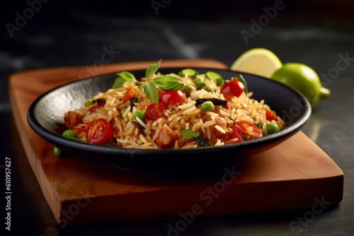 Close-up view photography of a tempting fried rice on a slate plate against a minimalist or empty room background. With generative AI technology