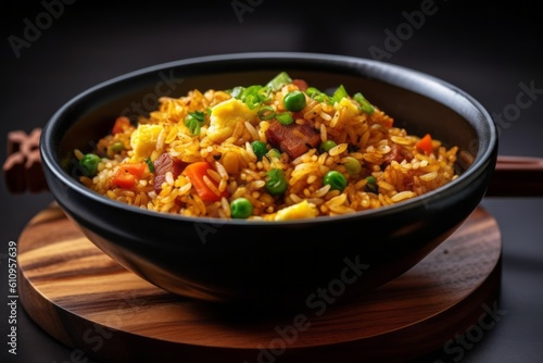 Close-up view photography of a tempting fried rice on a slate plate against a minimalist or empty room background. With generative AI technology