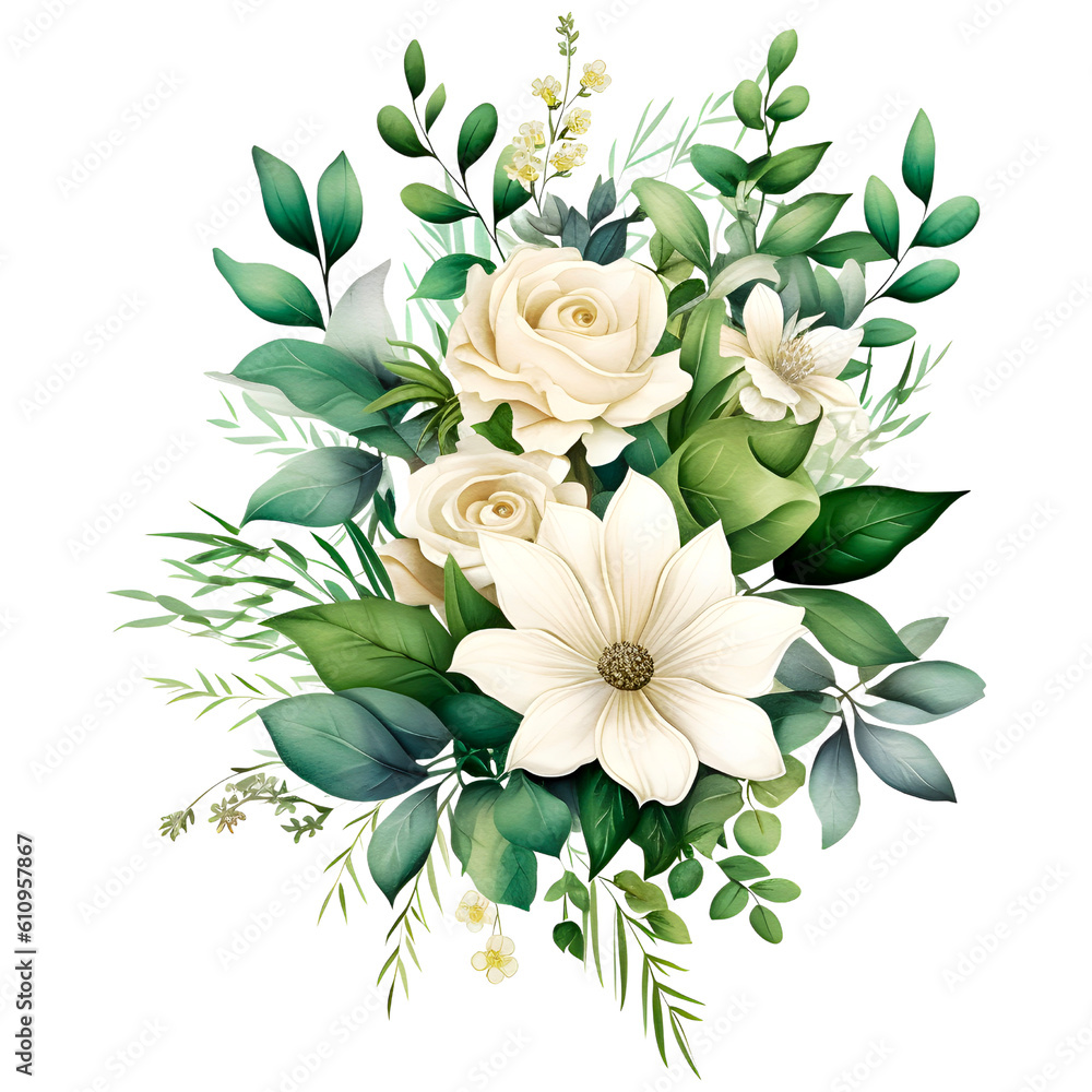 White wedding bouquet watercolor clipart, isolated, transparent background, created with Generative AI technology