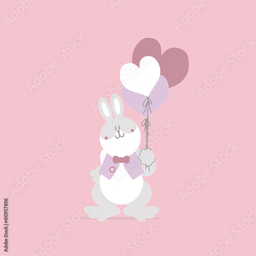 animal pet bunny rabbit and heart balloon, valentine’s day, birthday, happy easter, flat vector illustration cartoon character