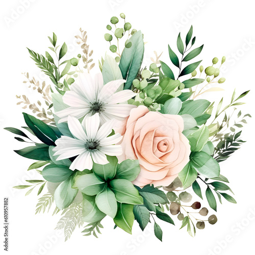 White wedding bouquet watercolor clipart  isolated  transparent background  created with Generative AI technology