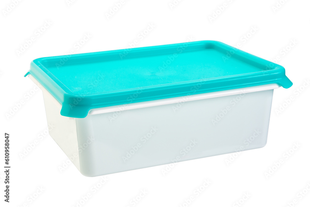 Plastic box with turquoise lid isolated on white background. Plastic box with turquoise lid isolated on white background.