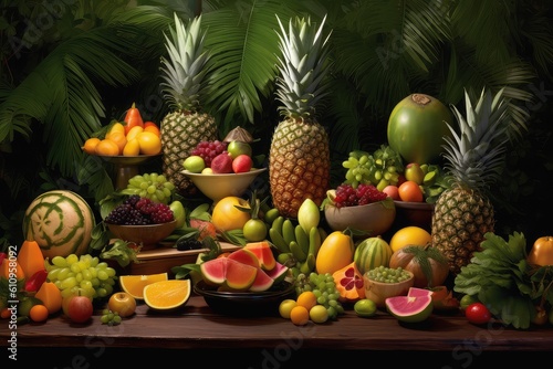Tropical fruit photo realistic illustration - Generative AI.