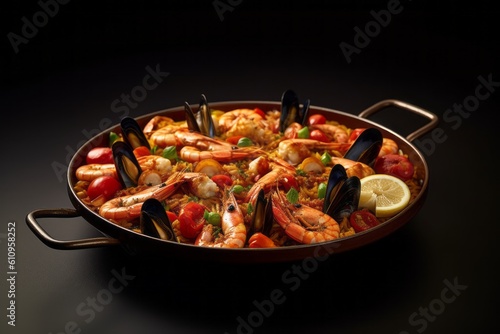 Detailed close-up photography of a delicious paella on a metal tray against a minimalist or empty room background. With generative AI technology