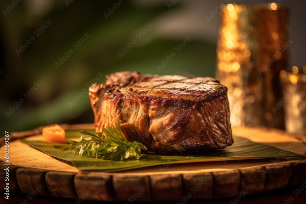 Highly detailed close-up photography of a tempting argentine asado on a palm leaf plate against a pastel or soft colors background. With generative AI technology