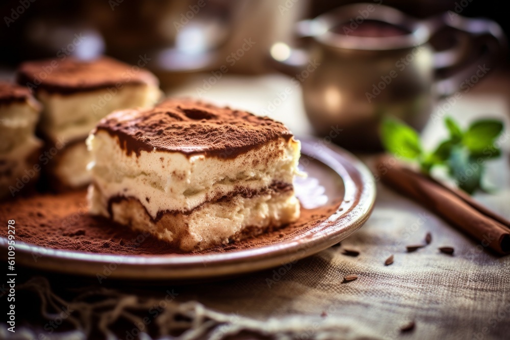 Macro view photography of a tempting tiramisu on a rustic plate against a pastel or soft colors background. With generative AI technology Macro view photography of a tempting tiramisu on a rustic plate against a pastel or soft colors background. With generative AI technology