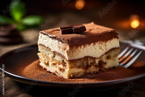 Macro view photography of a tempting tiramisu on a rustic plate against a pastel or soft colors background. With generative AI technology