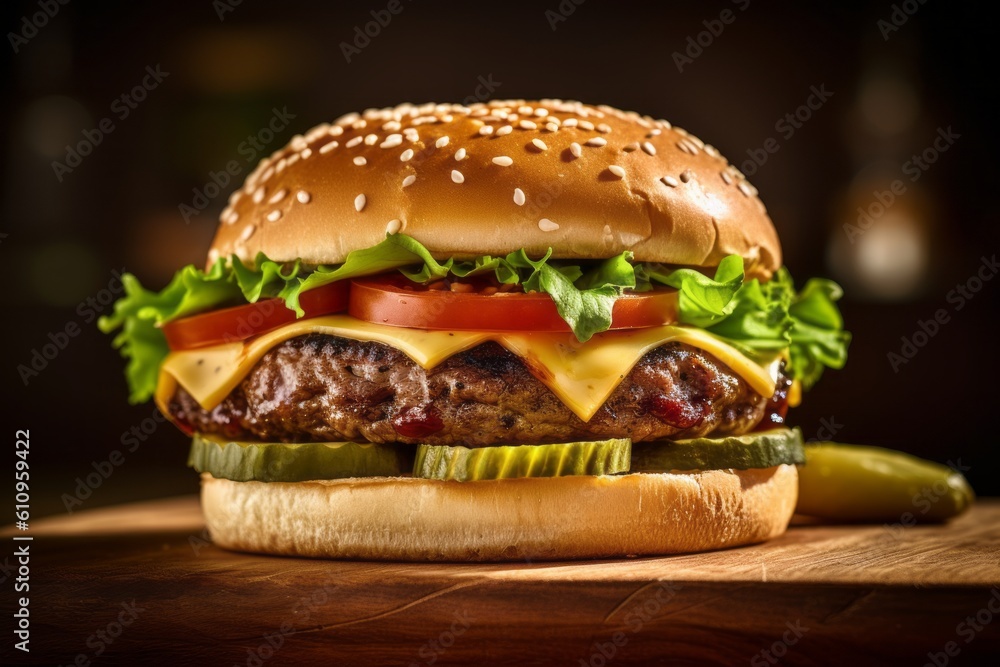 Close-up view photography of a tempting burguer on a wooden board against a rustic wood background. With generative AI technology Close-up view photography of a tempting burguer on a wooden board against a rustic wood background. With generative AI technology