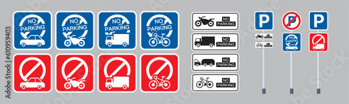 Vector Sets of No Parking Sign Board with Car, Motorbike, Bicycle, Truck. No Parking Sign. No Parking Allowed, Do Not Park Car. No Motor Cars Sign. Parking Not Allowed. Vector.