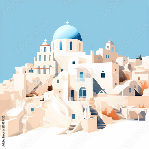 Illustration of a beautiful view of a greek village, Greece © Aleh Varanishcha