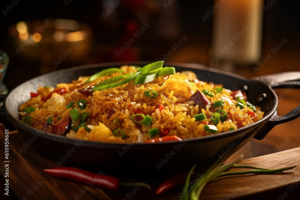 Highly detailed close-up photography of a tempting fried rice on a metal tray against a rustic wood background. With generative AI technology Highly detailed close-up photography of a tempting fried rice on a metal tray against a rustic wood background. With generative AI technology