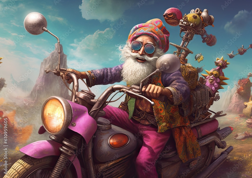 Happy Indian adult Punjabi on bike, colorful illustration inspired by