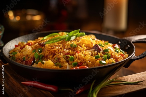 Highly detailed close-up photography of a tempting fried rice on a metal tray against a rustic wood background. With generative AI technology