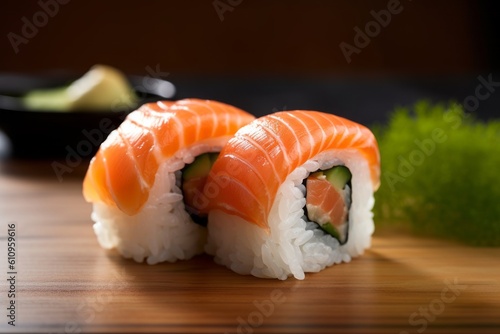 Macro view photography of a juicy sushi on a ceramic tile against a rustic wood background. With generative AI technology