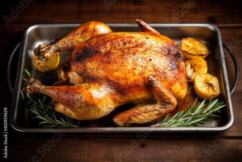 Highly detailed close-up photography of a tempting roast chicken on a metal tray against a rustic wood background. With generative AI technology