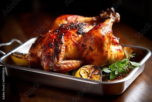 Highly detailed close-up photography of a tempting roast chicken on a metal tray against a rustic wood background. With generative AI technology