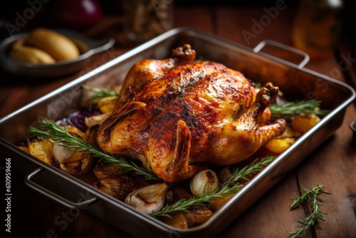 Highly detailed close-up photography of a tempting roast chicken on a metal tray against a rustic wood background. With generative AI technology