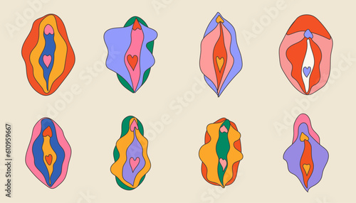 Set of Beauty female reproductive system. Vulva. Illustrator a vagina.