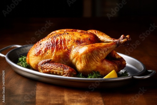Highly detailed close-up photography of an hearty roast chicken on a porcelain platter against a rustic wood background. With generative AI technology