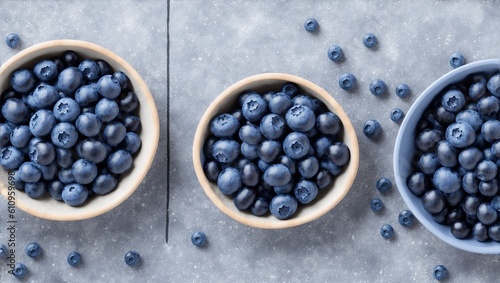 Fresh delicious blueberries on dark stone background, top view, flat lay, generative ai
