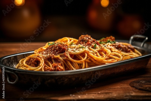 Highly detailed close-up photography of a tempting spaghetti on a metal tray against a rustic wood background. With generative AI technology