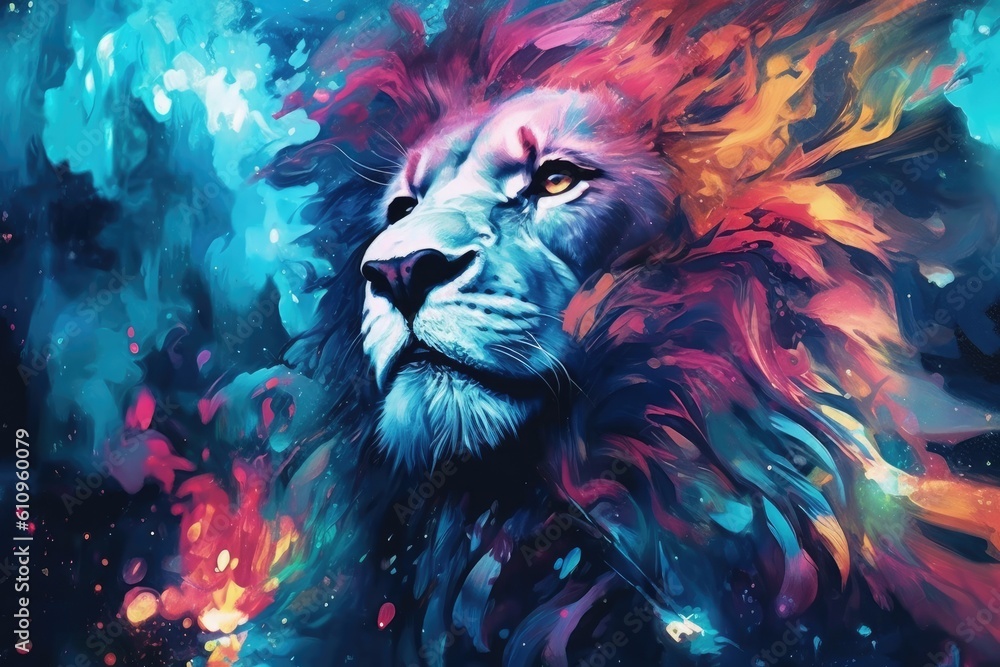 Lion predator animals wildlife painting. Lion is the king of animals. The constellation of Leo is a sign of the leaders. A strong spirit, strong body, strong will. Fantasy art of a lion