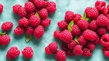 Fresh raspberries on dark background, top view, flat lay, generative ai