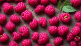 Fresh raspberries on dark background, top view, flat lay, generative ai