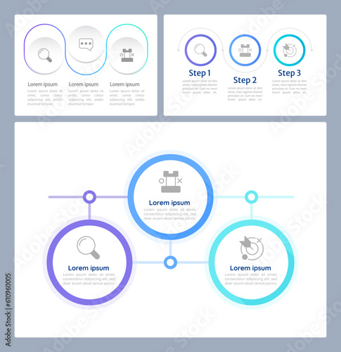 Personal achievements infographic chart design templates set. Editable infochart with icons. Instructional graphics with 3 step sequence. Quicksand, Merriweather Sans, Myriad Pro fonts used