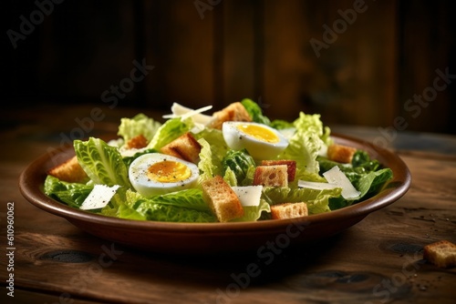 Close-up view photography of a tempting caesar salad on a plastic tray against a rustic wood background. With generative AI technology