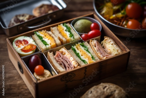 Macro view photography of a tempting sandwiches in a bento box against a rustic wood background. With generative AI technology © Markus Schröder