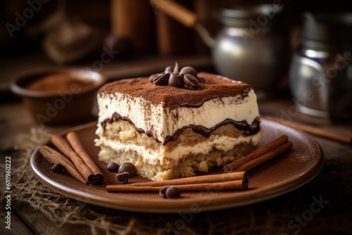 Highly detailed close-up photography of a tempting tiramisu on a rustic plate against a rustic wood background. With generative AI technology